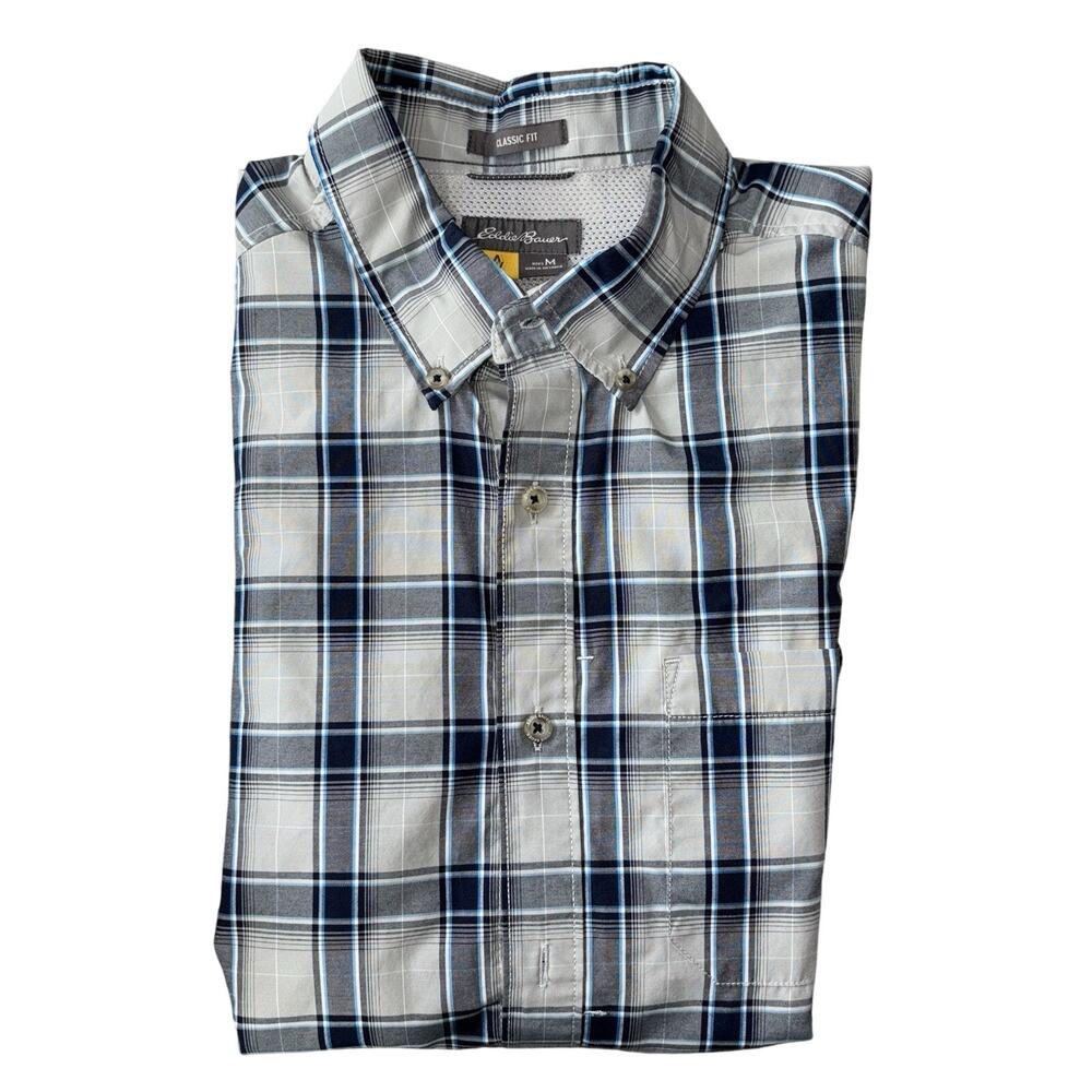 Eddie Bauer Travex Mens Button Up Shirt Medium Gray Plaid Classic Fit Pocket EUC